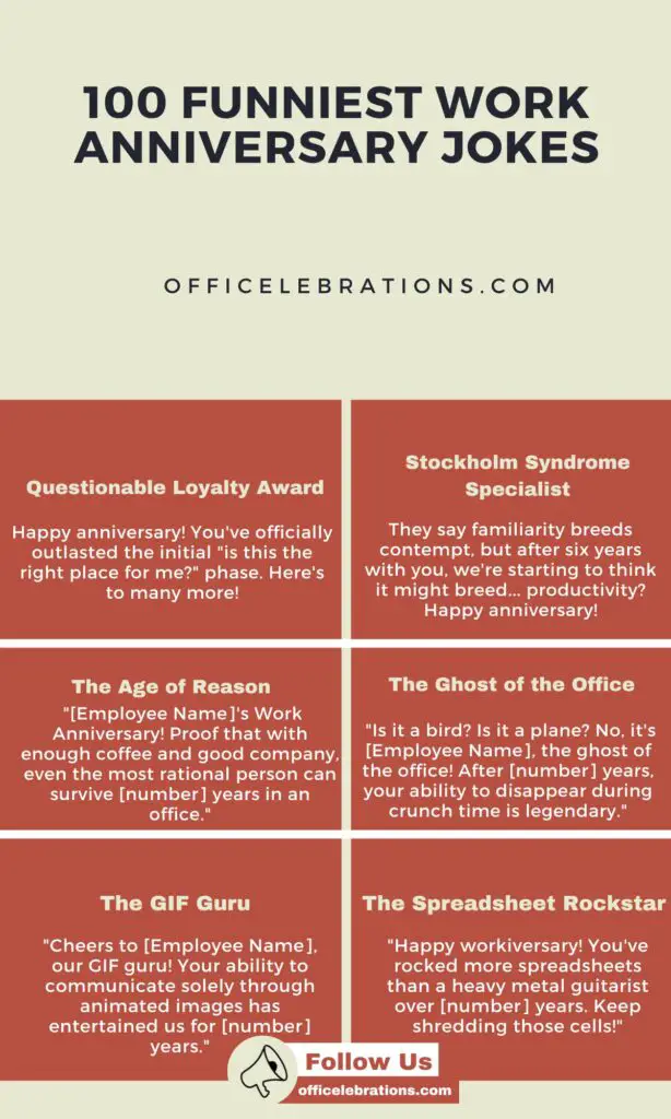 100 Funniest Work Anniversary jokes, puns, messages and captions to laugh your way to another year with your employees and colleagues 1 Work Anniversary Jokes